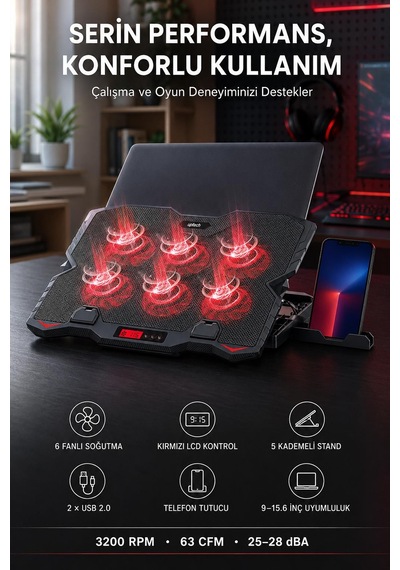 Uptech Laptop Soğutucu 6 Fanlı Lcd Kontrol Panel Ayarlanabilir Dizüstü Bilgisayar Soğutma Fanı