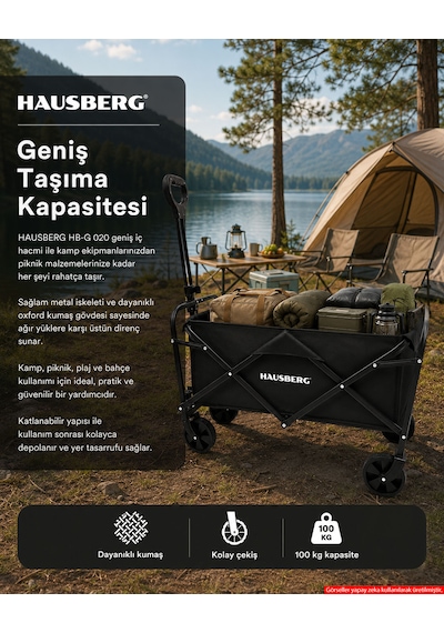 Hausberg Camping Katlanır Kamp Arabası 360 Dönen Kalın Tekerlekli Katlanabilir Vagon, Su Geçirmez Plaj / Pazar / Piknik / Bahçe Taşıma Arabası Siyah Hb-g 020