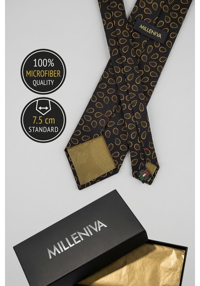 Milleniva Damla Desenli Siyah Gold Kravat & Mendil