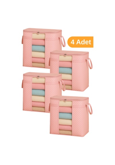 Serstil 4 Adet - Pencereli Saklama Çantası 50 X 45 X 30 Cm - Pembe Benekli