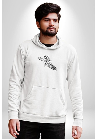 Roket Astronot Kadın Erkek Beyaz Kapüşonlu Sweatshirt Hoodie Beyaz