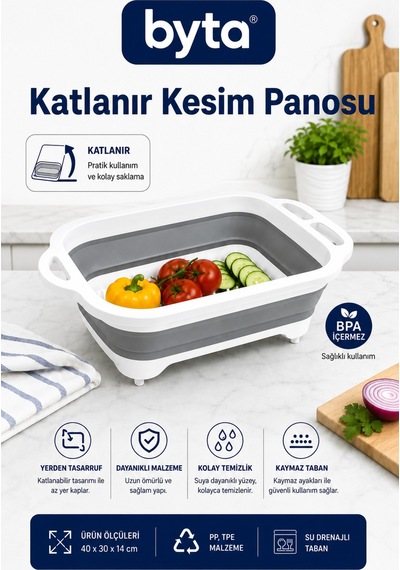 Katlanır Kesim Panosu Ve Sebze Meyve Yıkama Küveti 2'si 1 Arada Gri