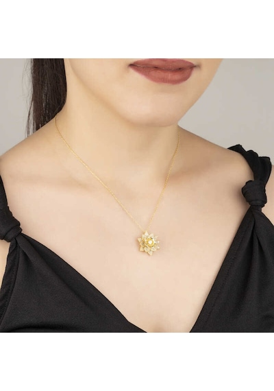 Gümüş Gold Beyaz Taşlı Lotus Çiçeği Kadın Kolye Gold