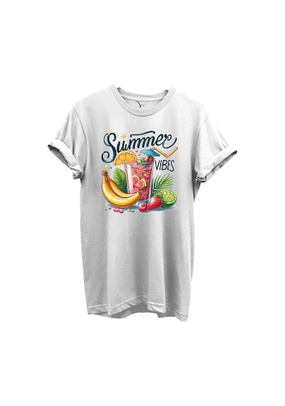 Summer Vibes Yazılı Meyve Kokteyli Ve Tropik Desenli %100 Pamuk Regular Fit Unisex T-shirt Beyaz