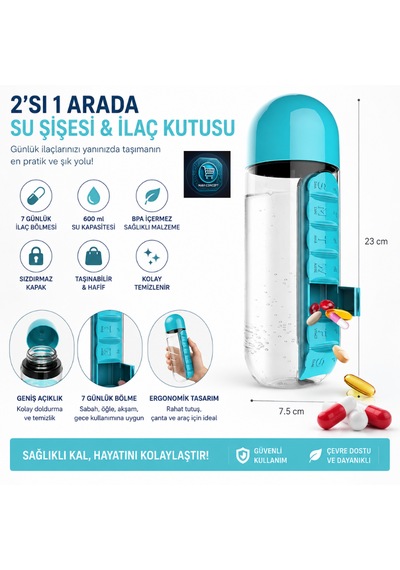 Su Şişesi & Ilaç Kutusu 2'si 1 Arada 600 Ml Matara Suluk Mavi