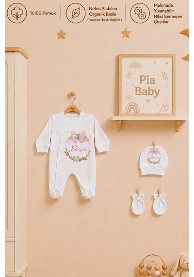 Pia Baby İsme Özel Kız Bebek Hastane Çıkışı 4 Lü Set %100 Pamuk Organik Baskılı Battaniyeli Tulum Seti 1034btyx Ekru