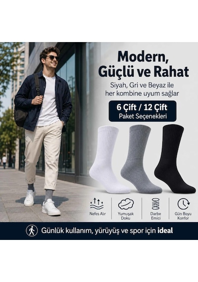 Womanandkids Wak Erkek Spor Çorap 12 Çift, Taban Altı Havlu Destekli Penye Pamuklu Uzun Konç Çorap Çok Renkli 12'li