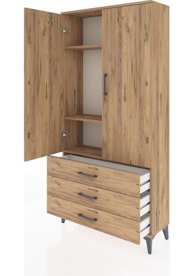 Arges Dolap 3 Raflı 3 Çekmeceli 2 Kapaklı 88x30x182 Çam-çam Atlas Çam