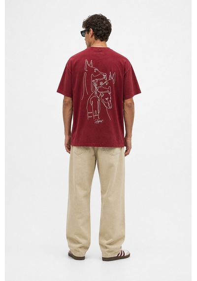 Respire Erkek Nakış Detaylı Yıkamalı Oversize T-shirt Bordo