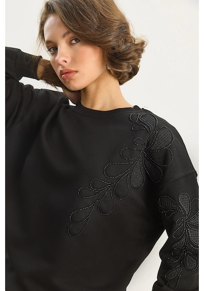 Shade Kadın Bisiklet Yaka Çiçek Nakış Ve Boncuk İşlemeli Sweatshirt 1562 60283633 - Siyah