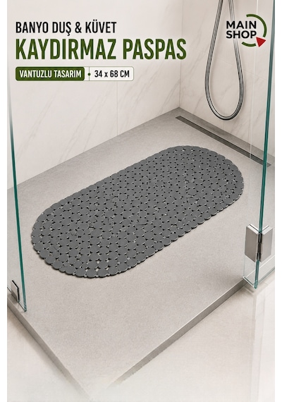 Mainshop Güvenli Ve Kaydırmaz Gri Duş Paspası - 34x68 Cm Vantuzlu Banyo Paspası M-130