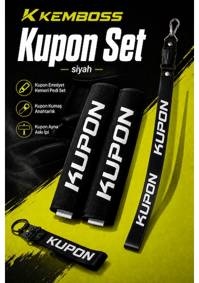 Kupon Yazılı Emniyet Kemeri Pedi Ayna Askı İpi Anahtarlık Seti Siyah Set