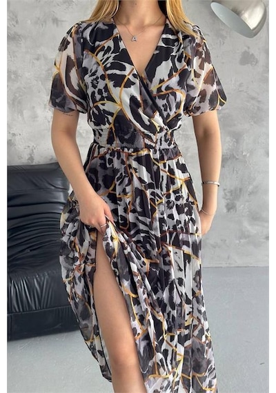 Dip Moda Kadın Kruvaze Yaka Desenli Şifon Elbise Dpnbq001 Siyah