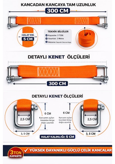 Mdstech 3 Ton Çeki Halatı 3 Metre Araç Çekme Ve Yük Kaldırma Halatı Kancalı Dayanıklı