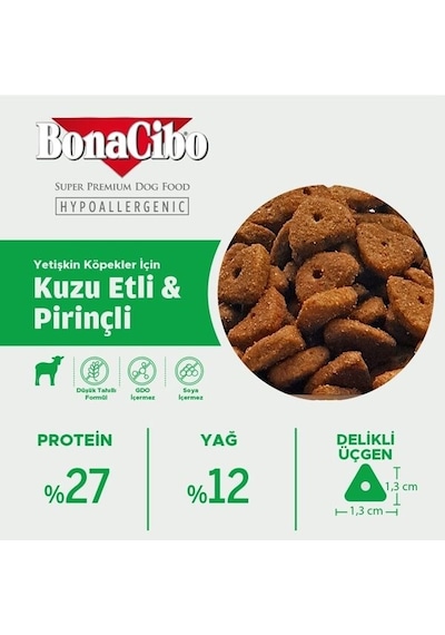 BonaCibo Adult Dog Lamb Kuzu Etli ve Pirinçli Yetişkin Köpek Maması 2 x 4 KG