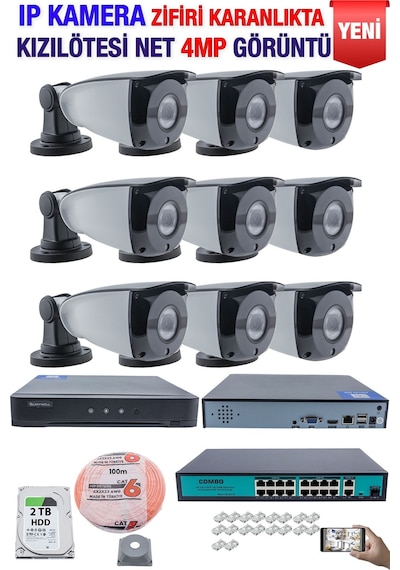 Ip Kamera Seti - 9 Ip Kamera - 10 Kanal Nvr - 16 Port Poe Switch, 2 Tb Disk, Gece Görüşlü Ir