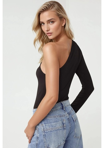 Hiccup Asimetrik Yaka Bodysuit Pika Koleksiyonu Siyah