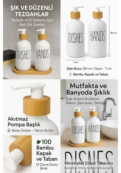 2 Li Sabunluk Seti Bambu Kapaklı Çok Amaçlı Sıvı Sabun Ve Deterjan Şişesi 500 Ml Diğer