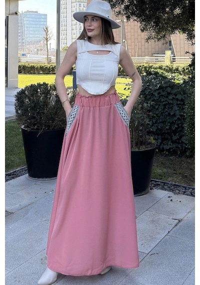 WeShaya Kadın Pembe Beli Lastikli, Cepleri Hasır İşlemeli, Rahat Kesim, Uzun Kiloş Etek Pembe