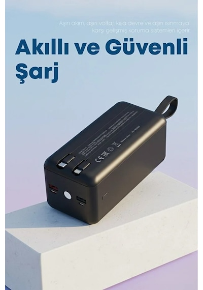 50.000 Mah Dijital Göstergeli Dahili Çoklu Kablolu Powerbank Süper Hızlı Şarj Taşınabilir Şarj Siyah
