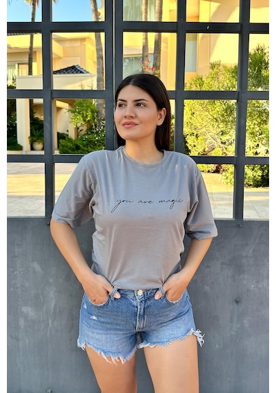 Gri Renk You Are Magic Baskı Unisex Oversize T-shirt Gri