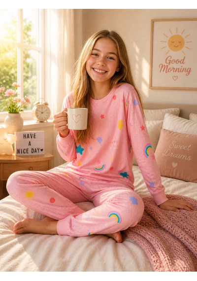 Durukoza %100 Pamuk 4 Mevsim Çocuk Pijama Takımı 8-13 Yaş Yumuşak Dokulu Pembe