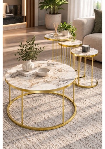 Sulorahome Efes Beyaz Mermer Desenli Gold Metal Ayaklı 4'lü Sehpa Seti Tablalar Beyaz Mermer / Ayaklar Gold