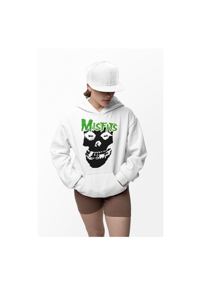 Sevbano Tasarım Misfits Baskılı Unisex Oversize Müzik Grubu Hoodie Beyaz