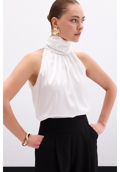 Sateen Boğazlı Kolsuz Bluz - Ekru-135948 Ekru