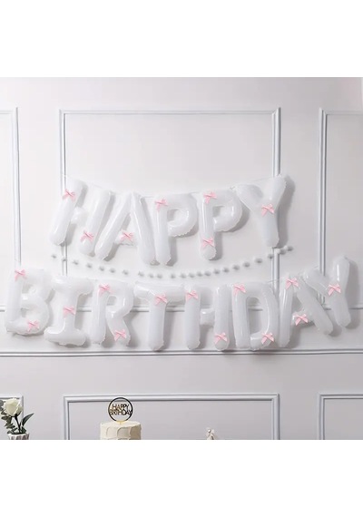 Pembe Kurdeleli Happy Bırthday Beyaz Folyo Balon Seti 33 Parça BEYAZ
