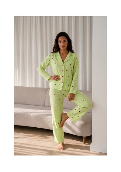 Fit Women Kadın Uzun Kollu Düğmeli Yeşil Pijama Takımı