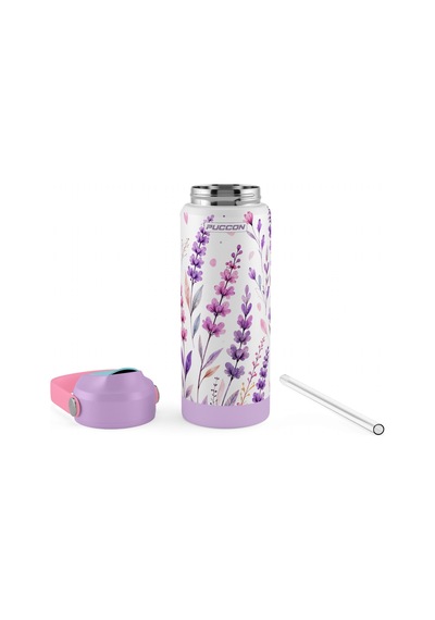 Puccon 540 Ml Çiçek Desenli Lila - Mor Kız Çocuk Pipetli Çelik Termos Matara/suluk - 60055