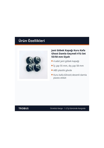 Trobus Jant Göbek Kapağı Kuru Kafa Ghost Damla Geçmeli 4'lü Set 55/58 Mm Siyah