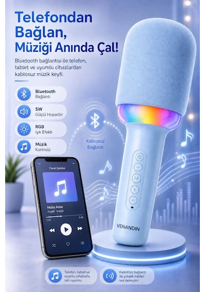 Exenar - Mavi - Kablosuz Bluetooth Karaoke Mikrofonu 5w Rgb Işıklı Taşınabilir Kablosuz Mikrofon Şarjlı 1200 Mah