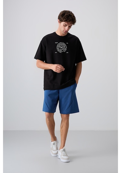 Tommy Life Siyah - Beyaz Pamuklu Kalın Yumuşak Dokulu Oversize Fit Baskılı Erkek T-shirt - 88324 Siyah - Beyaz