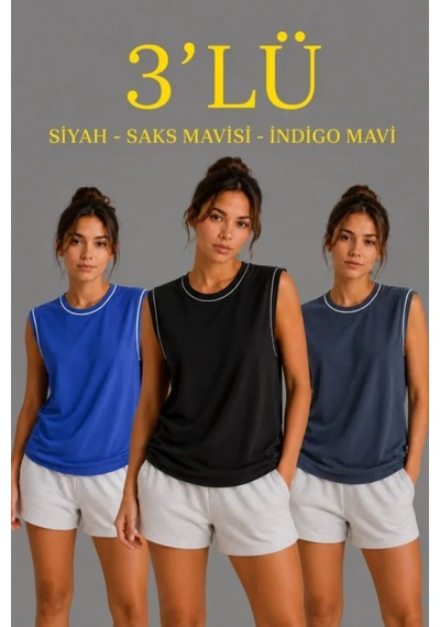 Efnaz Style 3 Lü Kolsuz Sporcu Atlet Seti Yazlık Bisiklet Yaka - Siyah, Saks Mavisi, İndigo Çok Renkli