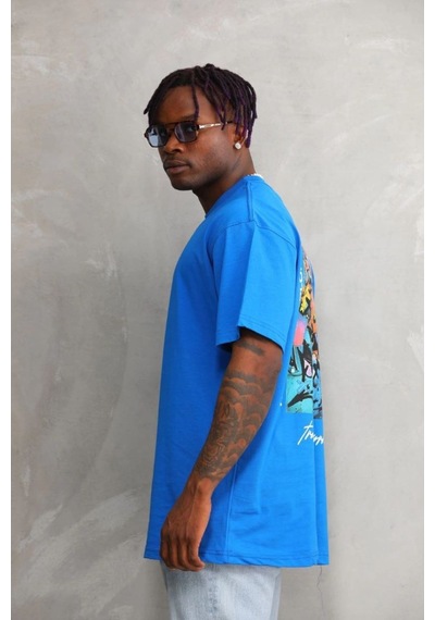 Erkek Bisiklet Yaka Baskılı Oversize T-shirt - Mavi