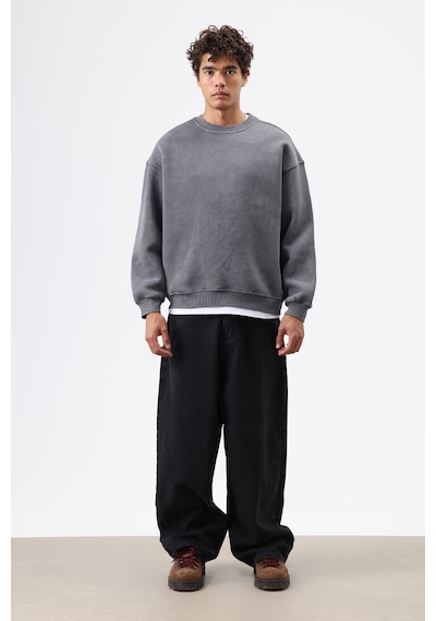 Vamos Basic Oversize Yıkamalı Sweatshirt Füme