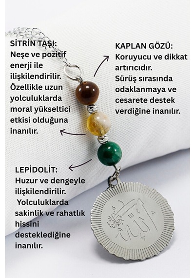 Doğal Taşlı Çelik Allah Lafzı Araba Dikiz Ayna Süsü, Kaplan Gözü,
