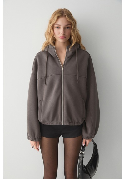 ETHIQUET VA IT Kadın Çift Cepli Eteği Ve Kol Ucu astikli Fermuarlı Oversize Gri Sweatshirt
