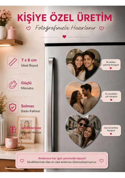 3 Kalpli Sevgili Fotoğraf Magneti Kişiselleştirilebilir Romantik Aşk Anı Hediyesi