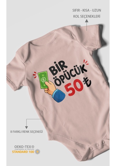 Morivokids Bir Öpücük 50tl Kısa Kollu Bebek Body %100 Pamuk Pastel Pembe