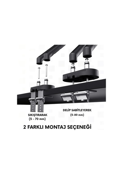 Özel Tasarım Çiftli Monitör Kolu Max 35" 10kg Taşıma Kapasiteli Mekanik Yaylı Hızlı Vidasız Montaj Siyah