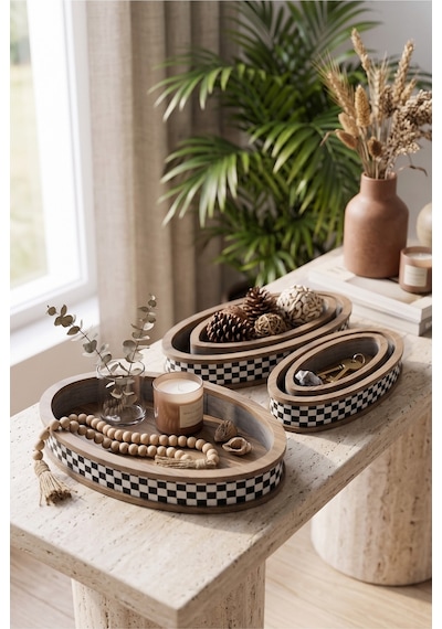 4 Adet Modern Pötikare Damalı Ahşap Oval Sunum Organizer Tepsi Seti Diğer