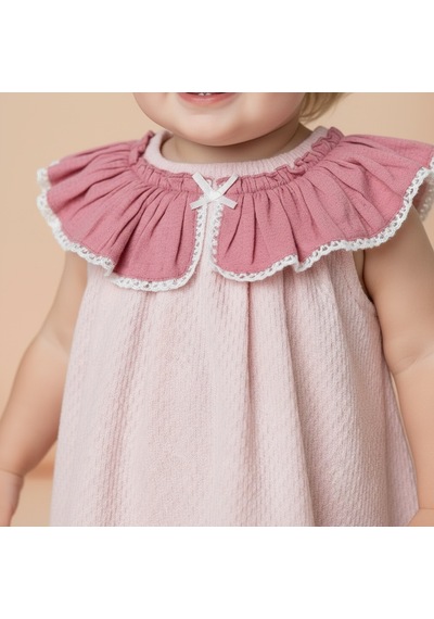 Ürünya Kız Bebek Çocuk Pamuklu Fırfır Yaka Sıfır Kol Çıtçıtlı Zıbın Pembe