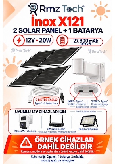 İnox X121 12v 20w Solar Panel Seti 27.600 Mah Batarya Kamera Modem Kamp İçin 2 Metre Kablo