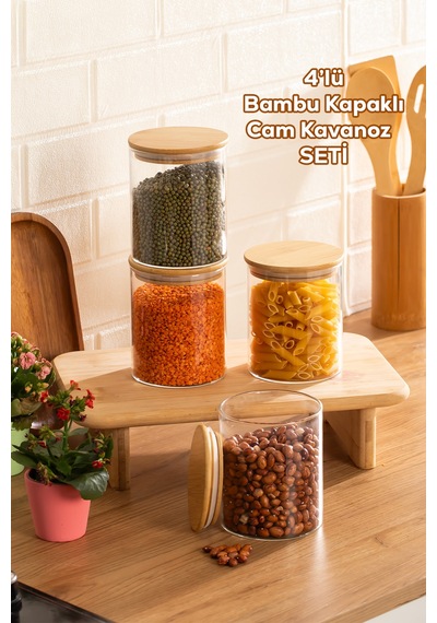 Porsima 1-4 Bambu Borosilikat Vakumlu Kapaklı Yuvarlak Cam 4lü Kavanoz Seti Saklama Kabı 750ml 10x12cm