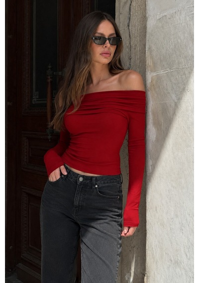 Seeh Kırmızı Kayık Yaka Büzgülü Kadın Body Sh225