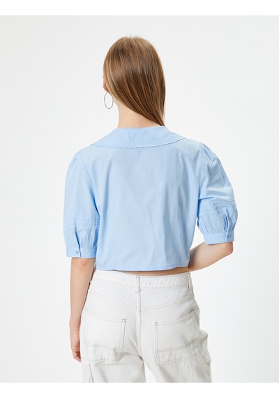 Koton Balon Kol Bluz Bebe Yaka Düğmeli Kısa Kollu Nakışlı Slim Fit Mavi 4sal60052ıw Mavi