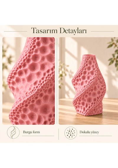 Dekoratif Vazo Burgu Formlu Taş Dokulu Modern Kuru Çiçeklik Açık Pembe